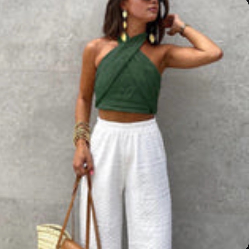 Commense Dark Green Tie Halter Crop